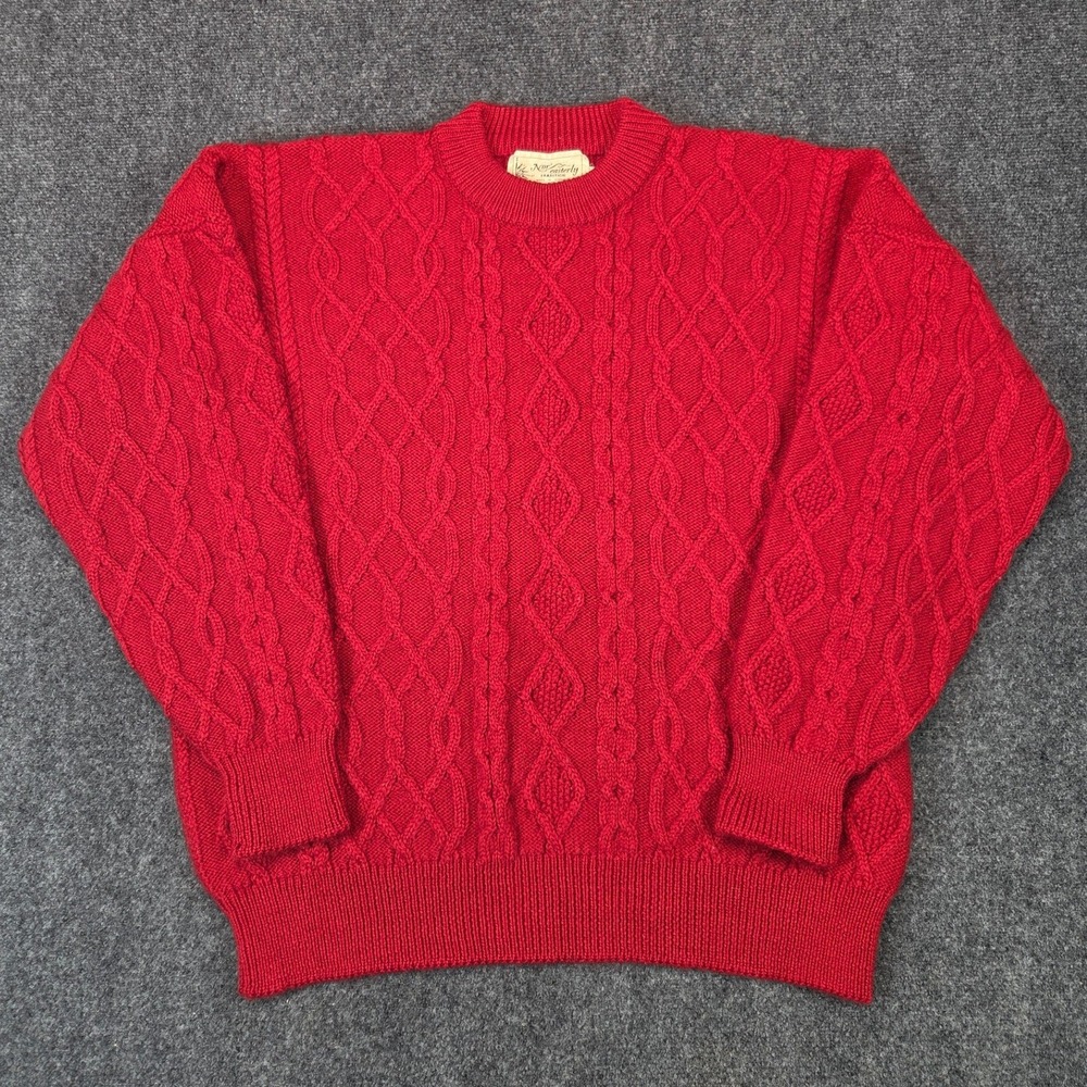 Nor Easterly Tradition Cable Knit Sweater Mens L Red Pure New Wool Scotland